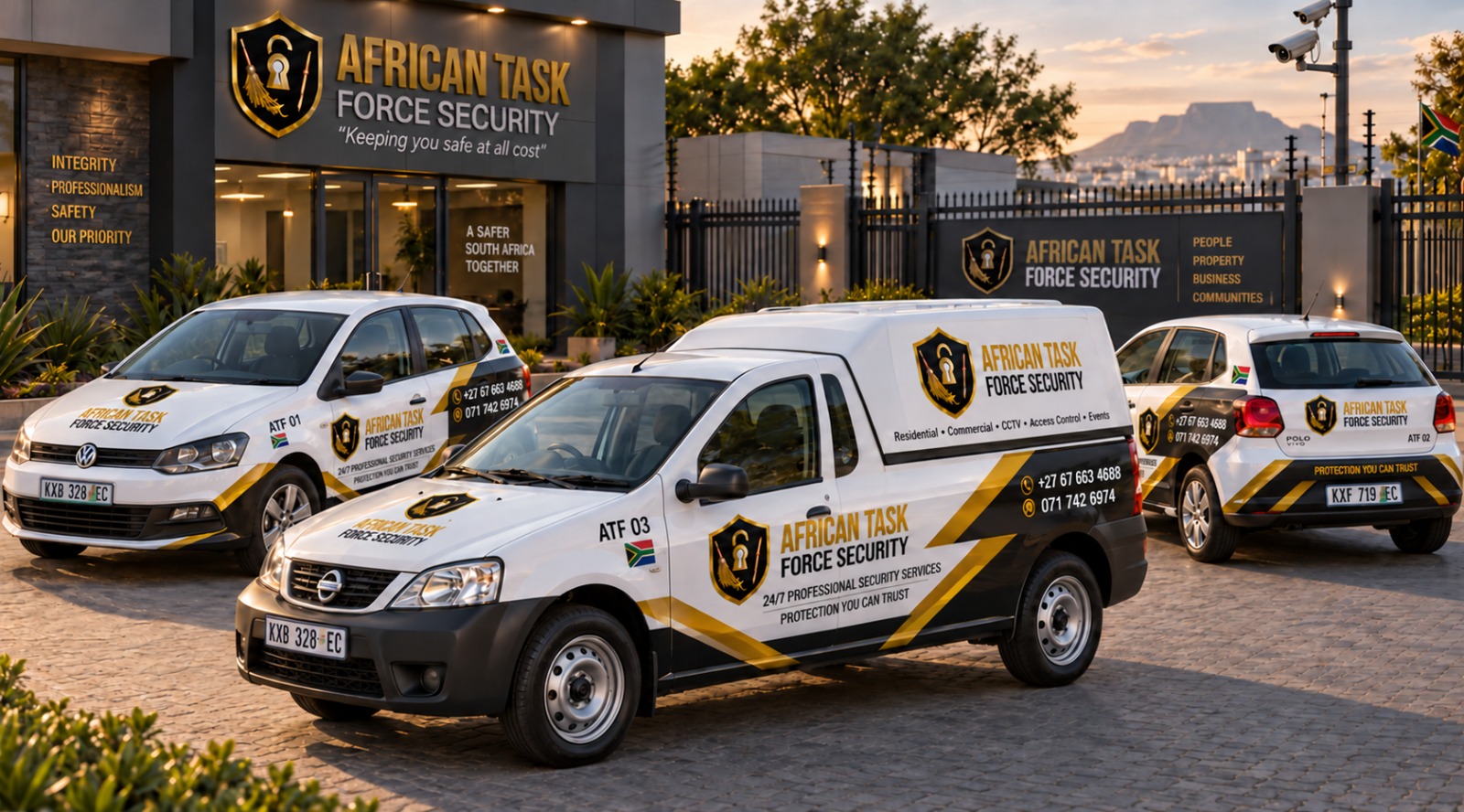 African Task Force Security branded vehicle fleet outside the company premises