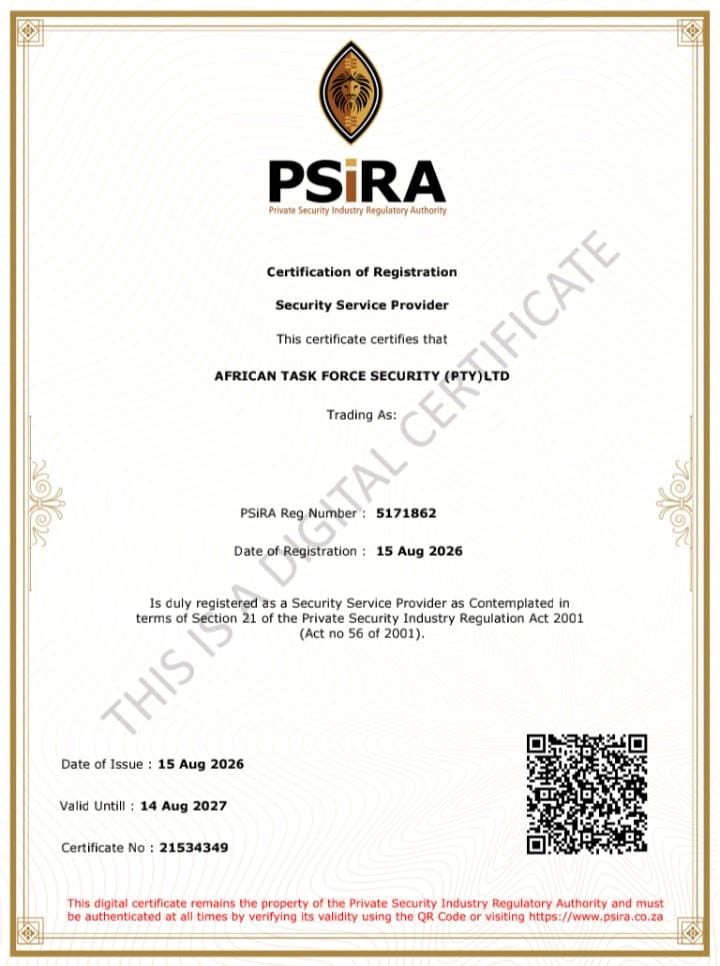 PSIRA Certificate of Registration for African Task Force Security (Pty) Ltd